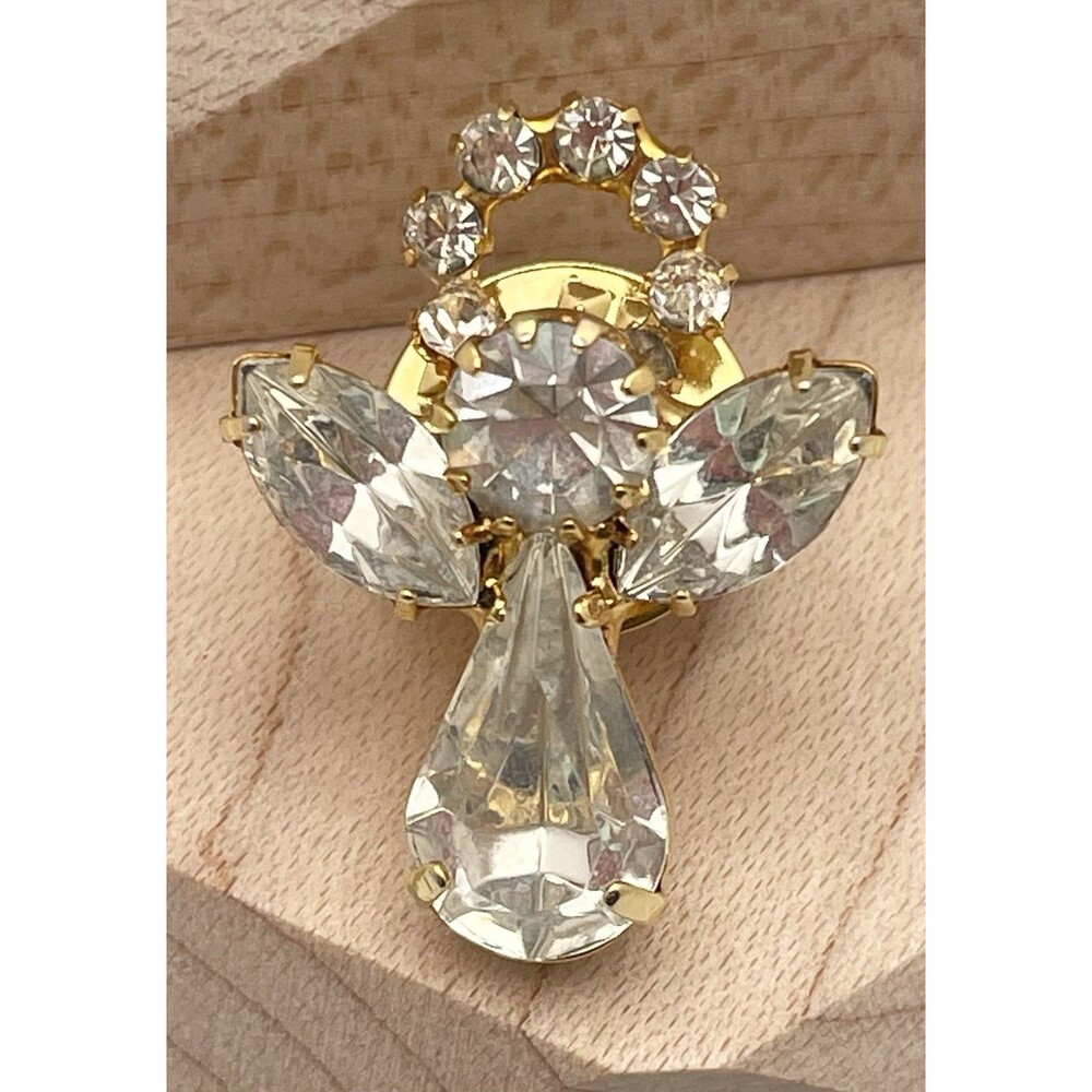 Vintage Angel Gold Tone Lapel Pin Clear Rhinestone Christmas Holiday